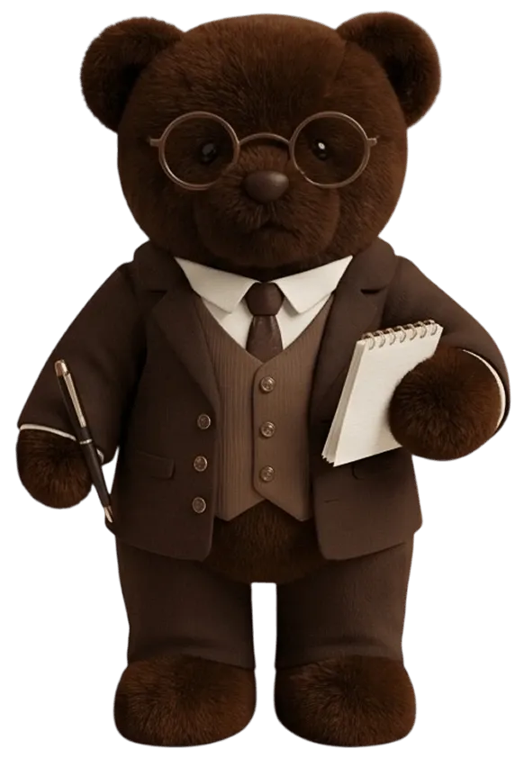 Oso de peluche académico con anteojos y traje sastre
