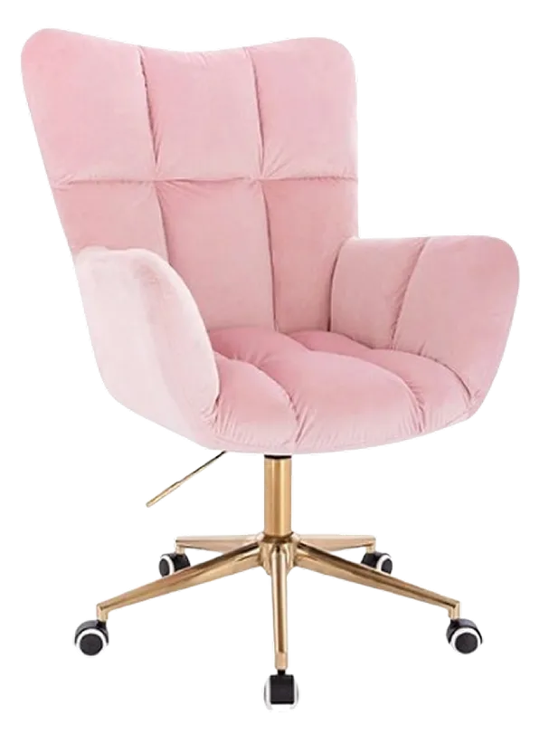 Silla de oficina giratoria en terciopelo rosa y patas doradas