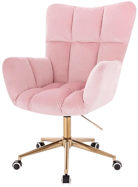Silla de oficina giratoria en terciopelo rosa y patas doradas